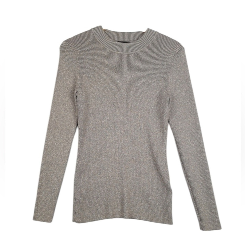 Ted Baker Top Womens 3 Gray Metallic Gold Ribbed Knit Mock Neck sweater